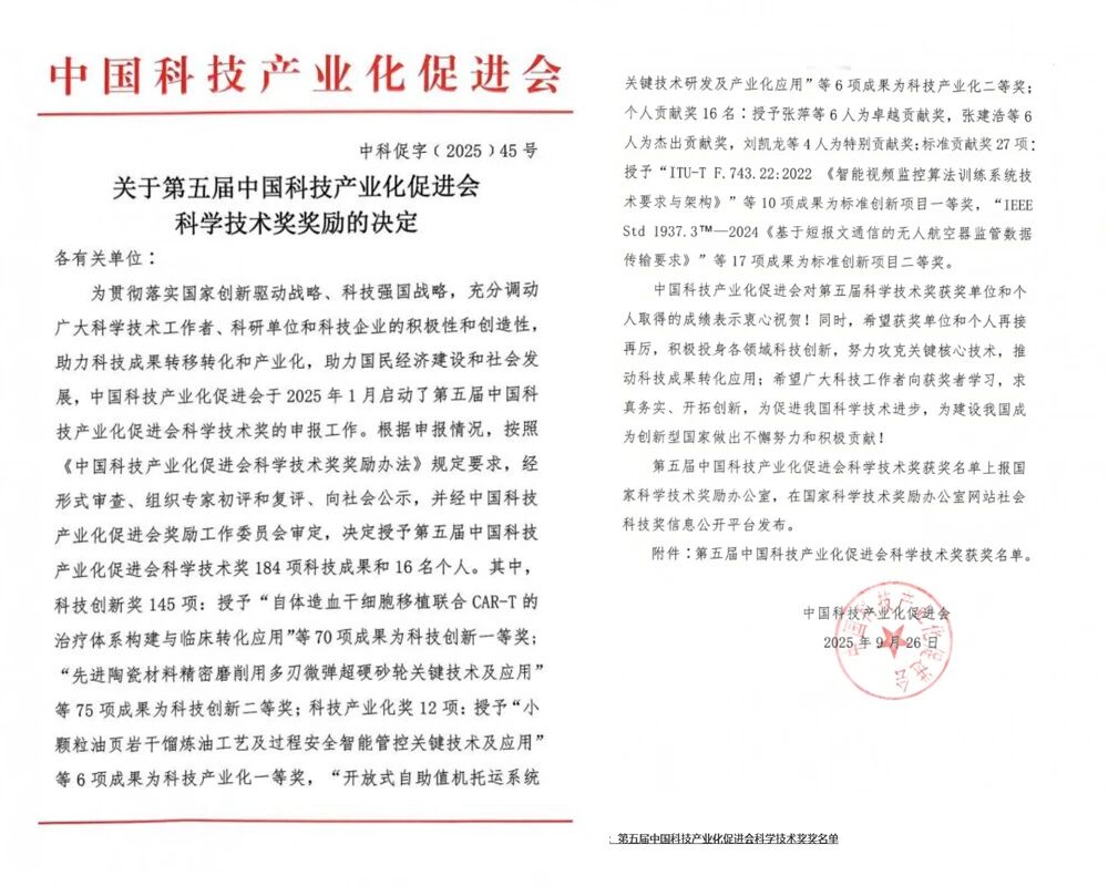 上海德赢VWIN股份荣获第五届中国科技产业化促进会标准创新项目二等奖